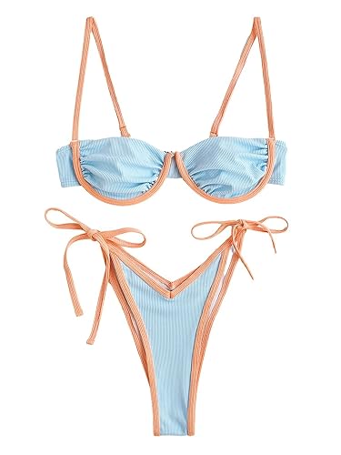 ZAFUL Women's Underwire Bikini Floral High Cut Bikini Set V-Wired Two Piece Swimsuit Bathing Suit - 2-light Blue - Large