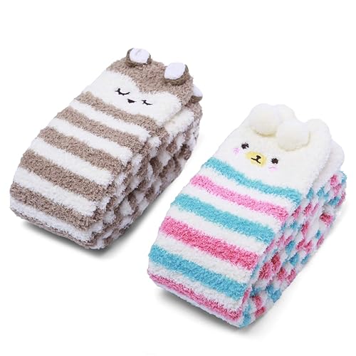 Littleforbig Cute Animal Coral Fleece Thigh High Long Striped Socks 2 Pairs - Large - Brown-color