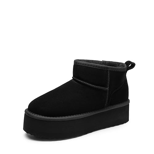 DREAM PAIRS FuzzyClassic Platform Mini Boots for Women Suede Genuine Leather, Classic Winter Ankle Snow Boots with Memory Foam Insole Lightweight Anti-Slip Outsole Outdoor - 7.5 - Black