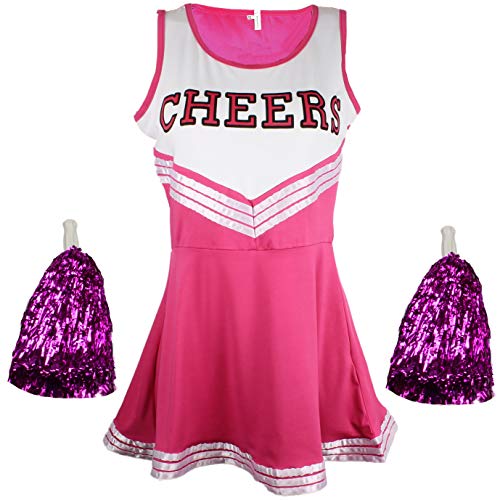Cheerleader Costume Women Cheeleader Outfit Musical Uniform with Matching Pom Poms Perfect for Halloween - XL - Pink