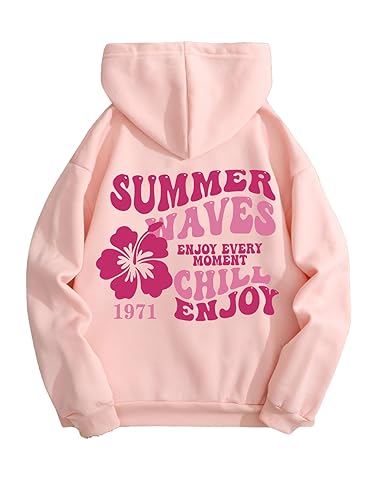 SOLY HUX Womens Sweatshirt Graphic Hoodies Letter Print Casual Long Sleeve Drawstring Pullover Tops with Pocket - Medium - Pink Letter