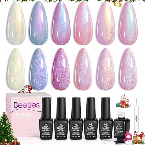 Beetles Pearl Gel Nail Polish, 6 Colors Shimmer Pearl White Pink Purple Mermaid Nail Drawing Gel Polish Soak Off Uv Led Gel Polish Swirl Shell Thread Effect DIY Manicure Gift for Girls Women - 0-0-Pearl Gel Polish