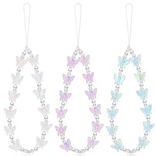 Ecally 3 Pcs Beaded Phone Charm, Stationery Decoration Charm Y2K Beaded Strap Phone Lanyard Wrist Cute Phone Chain Aesthetic Phone Strap Charm for Back to School Season - Vivid Color - Butterfly