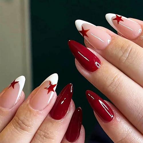 24Pcs White French Tips Medium Almond Press on Nails with Red Five-pointed Star Design, Glossy False Nails Gel Glue on Nails, Solid Color Manicure Art Acrylic Fake Nails Stick on Nails for Women Girls - Red Star