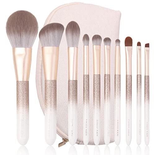 ENZO KEN Natural Hair Makeup Brush Set Professional, Fox Hair Makeup Brushes Set with Case, Glitter Make up Brushes Set Professional, Natural Makeup Brushes, Natural Bristle Makeup Brush - ORRA, White - Gold White 10pcs