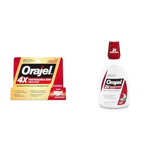 Orajel 4X for Toothache & Gum Pain: Severe Cream Tube 0.33oz- from Oral Pain Relief Brand & Toothache Rinse, Analgesic Astringent, Soothing Mint, 16 fl oz - New - Oral Pain Relief + Toothache Rinse