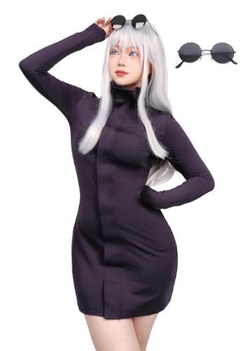 C-ZOFEK Women's US Size Satoru Cosplay Costume Purple Dress with Glasses for Halloween - Medium