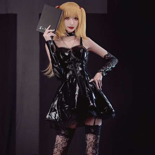 Gothic Anime Cosplay Dress in PU Leather with Spaghetti Straps - Black / M