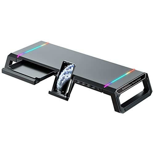 KYOLLY RGB Gaming Computer Monitor Stand Riser with Drawer,Storage and Phone Holder - 1 USB 3.0 and 3 USB 2.0 Hub, 3 Length Adjustable - 1 USB 3.0+3 USB 2.0