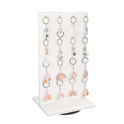 Ikee Design Wooden Rotating Two-Sided Jewelry Display Stand, Rotating Organizer with 32 Hooks for Store, Earring Display with Hooks, KeyChain Display, Wash White color, 9 W x 7.5 D x 16.5 H in - Wash White