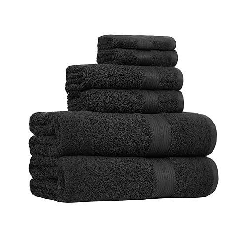 Amazon Basics 6 Piece Oversized Fade resistant Towel set, 100% Cotton towels for bathroom, soft and absorbent, 2 Bath Towels, 2 Hand Towels and 2 Washcloths bathroom towel set, Black - 6-Piece Set - Black