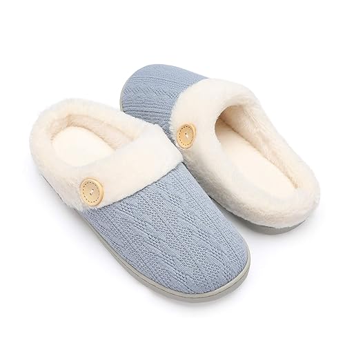 Chantomoo Womens Slipper Warm Comfy Memory Foam House Slippers Knitted Shoes Faux Fur Lined Anti-Skid Rubber Sole Bedroom Cozy Indoor Outdoor Slippers - 5-6 - Blue