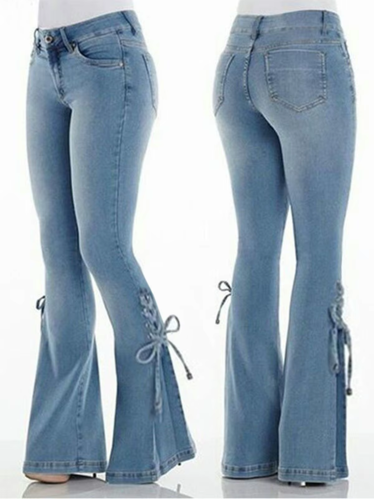 Moda wysokiej talii dżinsy dzwony kobiety łuk Boot Cut w stylu Casual, damska zasznurować spodnie Cowgirl Vintage niebieski dzwon dół spodnie dżinsowe Y2k - AliExpress 200000345