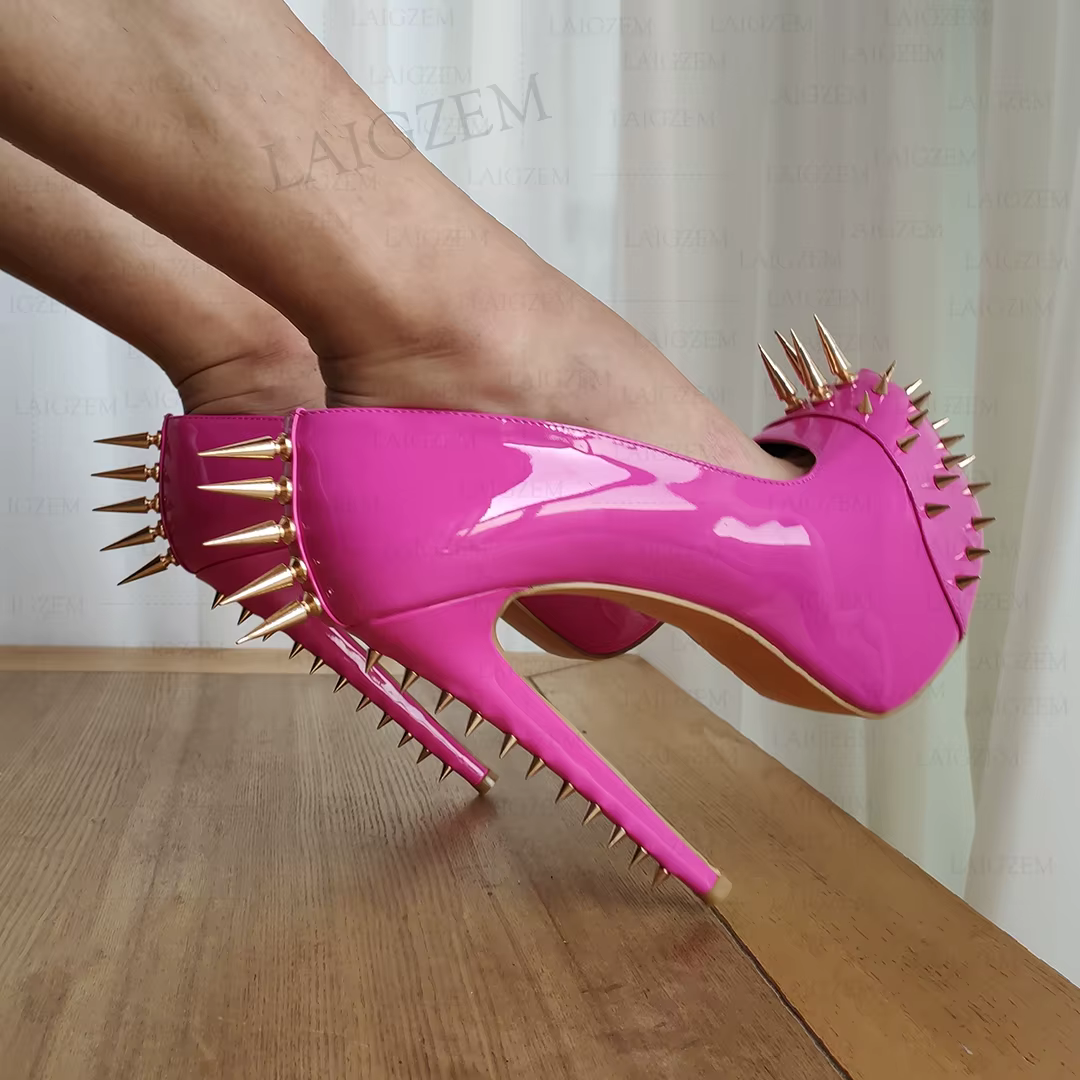 LAIGZEM złote nity damski pompuje błyszczącą platformę na buty na cienkich wysokich obcasach Cosplay panie ręcznie robione buty kobiety duży rozmiar 38 43 44 46 - AliExpress 322