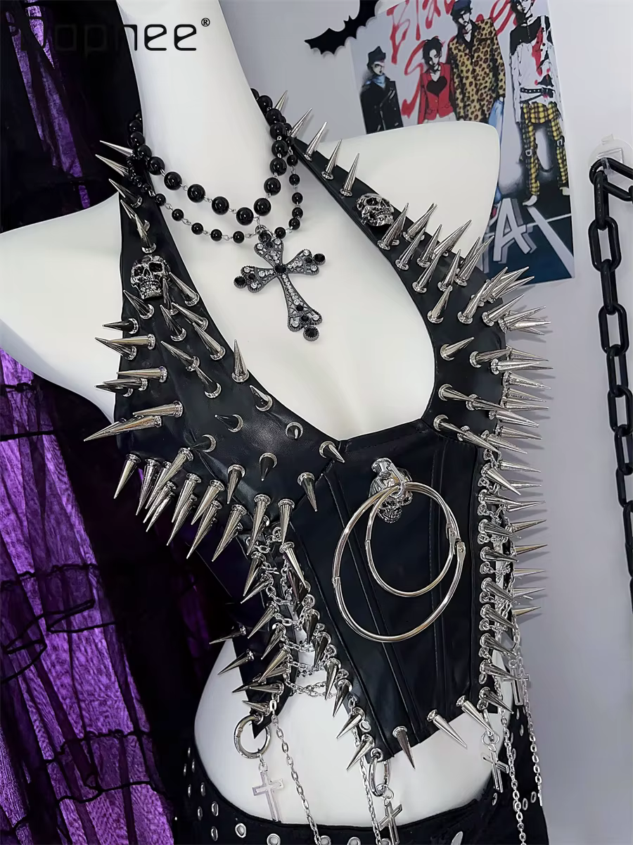 Y2K Gothic Tank Tops Halter Sexy Spicy Girl V-Neck PU Leather Rivet Skull Chain Punk Crop Tops Black Sleeveless Split Vintage - AliExpress 200000345