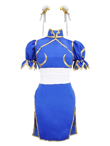DAZCOS Women's US Size Game Fighter Cosplay Costume Blue Cheongsam with Hair Accessories and Waistband - Medium
