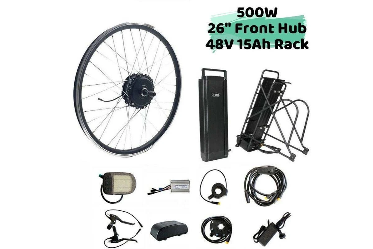 TDR 500W 26" Front Hub 48V 15Ah Rear Rack Battery Electric Bike eBike Conversion Kit