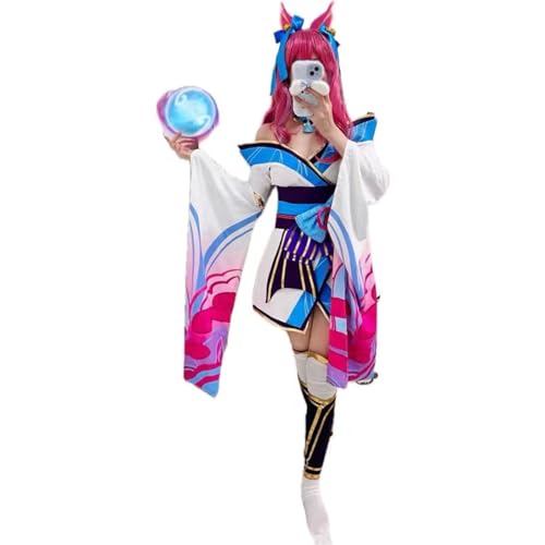 KAKUKAKU Spirit Blossom Ahri Cosplay Costume Anime Outfits Halloween for Women - Costume and Wig Ear - Small