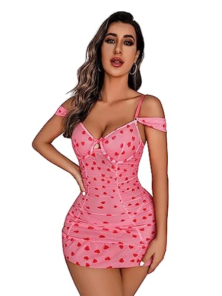 SweatyRocks Women's Heart Print Spaghetti Strap Ruched Mesh Slips Babydoll Lingerie Nightwear