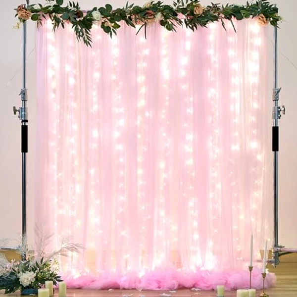 Pink Tulle Backdrop Curtains with Lights String for Parites 10ft×8ft, 2 Panels Pink Sheer Backdrop Curtains for Baby Shower Girls Bridal Shower Birthday Party Photo Shoot Decorations