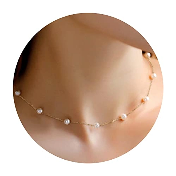 Trinckle Gold Pearl Necklace, Dainty Gold Necklaces Pearl Choker Necklace 15'' Pearl Necklaces for Women Valentines Day Necklace Adjustable Gold Jewelry for Bride as Girls Pearl Jewelry Birthday Gift