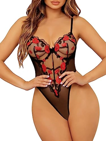 SOLY HUX Women's Floral Embroidered Mesh Sheer One Piece Lingerie Teddy Bodysuit Sleepwear