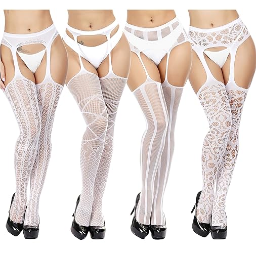 TGD Fishnet Stockings Tights Sexy Suspender Pantyhose for Women Thigh High Stocking Colors 4 Pairs - 6-16 - White5678(4 Pairs)