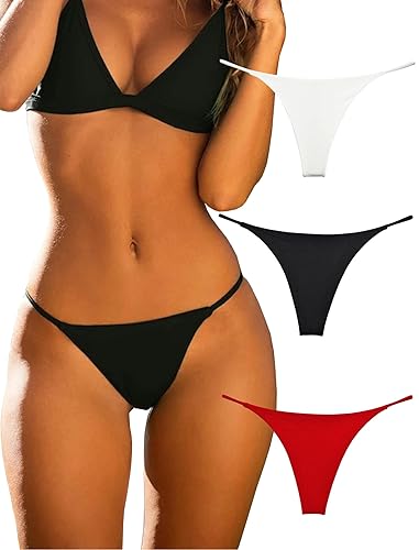 KUKU PANDA Cotton Thongs for Women Seamless Woman G String Panties 3 Pack Set - Small - Black/Red/White