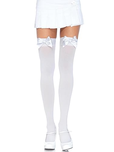 Leg Avenue Women's Satin Bow Accent Thigh Highs - White - One Size