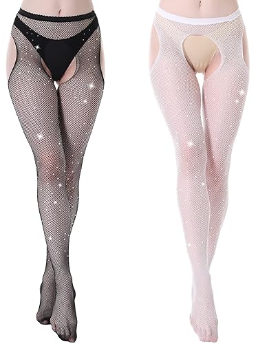 MANZI Womens Sparkle Tights Rhinestone Tights Glitter Fishnet Stockings - One Size - Black/White