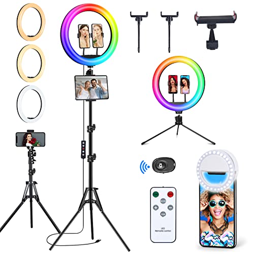 𝗡𝗲𝘄𝗲𝘀𝘁 13" Selfie Ring Light with 63" Stand and 3 Phone Holder, 53 Lighting Modes, iPad Holder, Remote, Desk Tripod, RGB Ringlight for iPhone. Vlogging Circle Led Halo Light Photo Video Kit - RGB