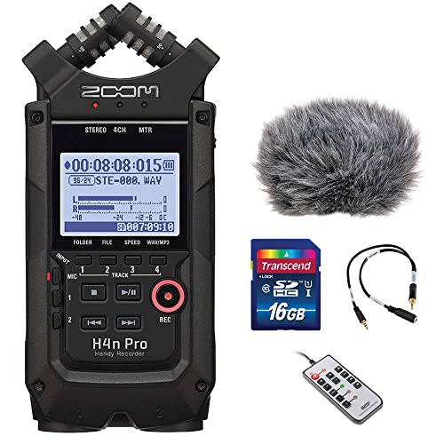 Zoom H4n Pro All Black 4-Track Portable Recorder (2022) Bundle with 16GB Memory Card, Mic Attenuator Cable, Windbuster, and Remote Control for H4n