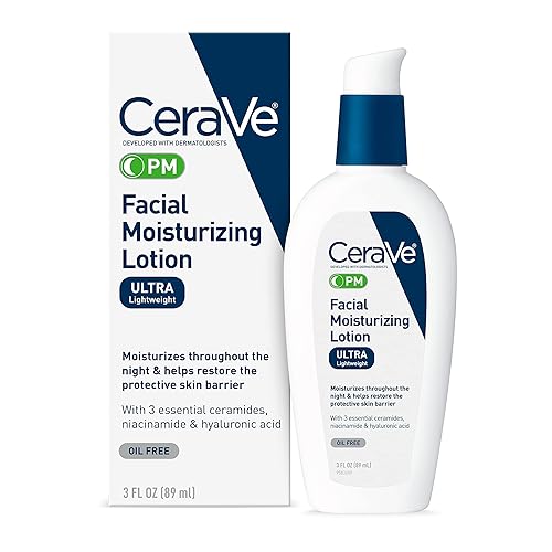 CeraVe PM Facial Moisturizing Lotion | Night Cream with Hyaluronic Acid and Niacinamide | Ultra-Lightweight, Oil-Free Moisturizer for Face | 3 Ounce - 3 Fl Oz (Pack of 1)