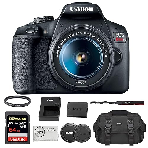 Canon EOS Rebel T7 DSLR Camera with 18-55mm Lens Bundled with 64GB Memory Card + Camera Bag + 58mm UV Filter + Microfiber Cleaning Cloth (5 Items)
