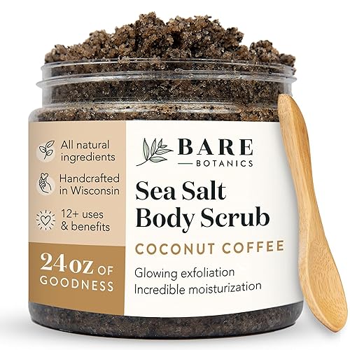 Bare Botanics Coconut Coffee Exfoliating Body Scrub 24oz | Made in USA | All Natural Sea Salt Scrub w/Skin Loving Moisturizers | Vegan & Cruelty Free | Ready to Gift w/a Cute Wooden Spoon - Coconut Coffee