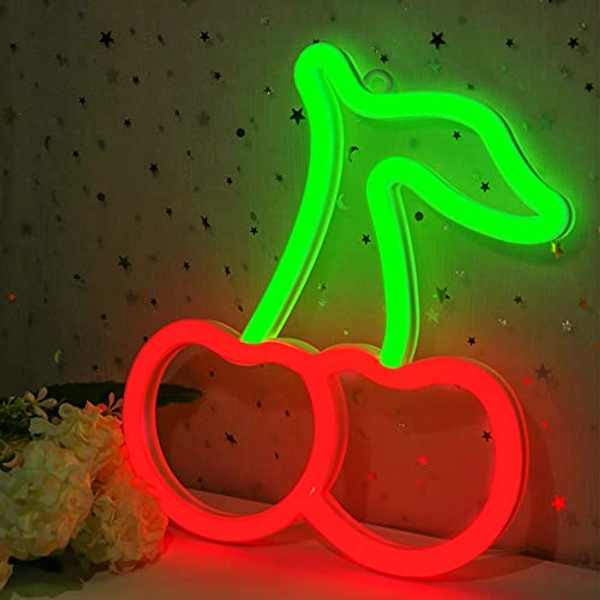 Cherry Neon Sign for Wall Decor, Cisteen Led Neon Light Wall Sign Hanging Art Light Children Light for Kids' Bedroom, Baby Nursery Room, Party, Christmas (USB Charging) (Green&Red)