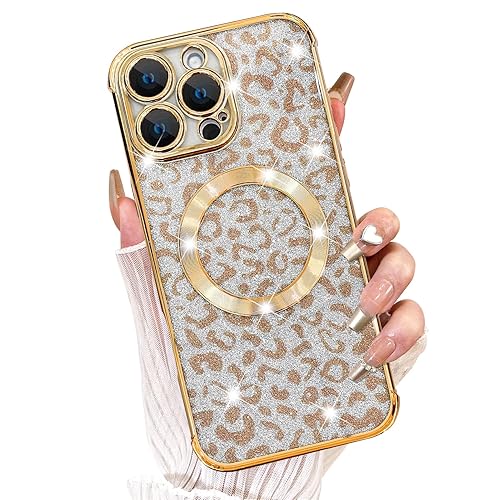 Fiyart Designed for iPhone 16 Pro Max Case,Compatible with MagSafe Cheetah Print Plating Camera Protection Clear Phone Case, Magnetic Glitter Leopard Print for Women Girls Shockproof Bumper 6.9"-Gold - Gold - iPhone 16 Pro Max