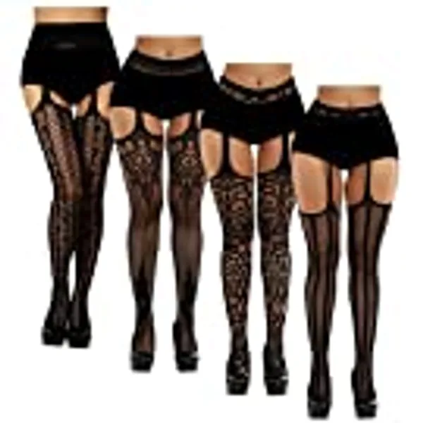 Chalier 4 Pairs Fishnet Stockings Tights Suspender Sexy Pantyhose Lace thigh high stockings for Women