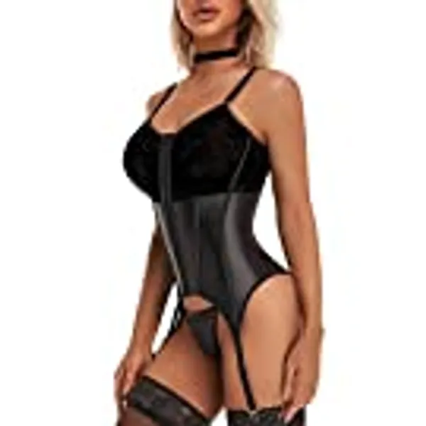 ACELANDY Lingerie Corset Set Lace Bodysuit: Black Satin Teddy Babydoll Boudoir Outfits - Exotic Bustier with Garter Belts