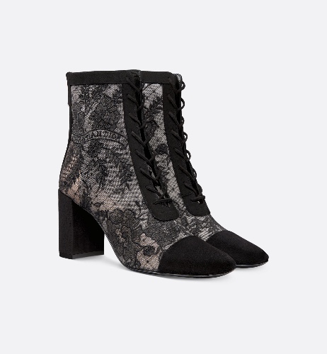 Naughtily-D Heeled Ankle Boot Transparent Mesh with Black Dior Roses Embroidery and Suede Goatskin | DIOR