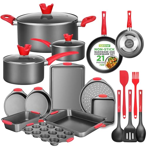 NutriChef 21-Piece Nonstick Cookware Set - Includes Saucepans, Skillets, Round & Square Baking Pans, Loaf & Muffin Pans, Pizza Crisper, Cookie Sheet, & Silicone Utensils - Complete Kitchen Set - 21-Piece Set