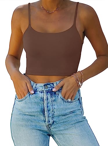 REORIA Women’s Sexy Adjustable Spaghetti Strap Double Lined Seamless Camisole Tank Yoga Crop Tops - Small - Coffee