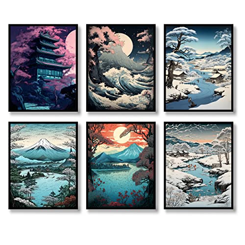 Japanese Wall Art Prints Set of 6 Japan Landscape Posters Vintage Wall Decor Ukiyoe Paintings Aesthetic Asian Retro Picture Mount Fuji Photo Canvas Art Painting for Living Room Bedroom Wall Decorastronaut (A, 8"x10" UNFRAMED) - 8"x10" UNFRAMED - A