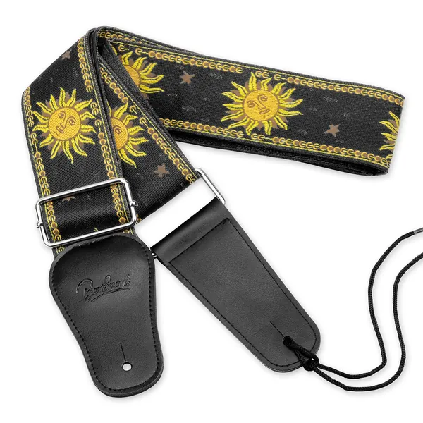 BestSounds Sun Jacquard Weave Guitar Strap With Genuine Leather Ends Guitar Shoulder Strap For Bass, Acoustic ,Classical & Electric Guitar (Black)