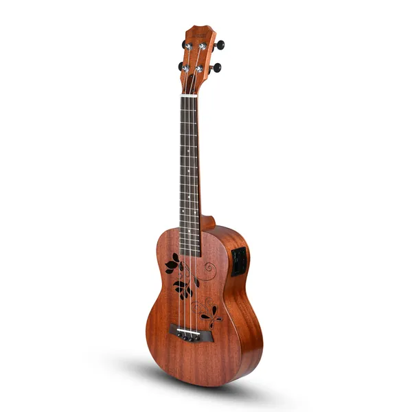 Left Handed - Caramel CB417L All Solid Mahogany Butterfly Style Baritone Acoustic Electric Ukulele with Truss Rod
