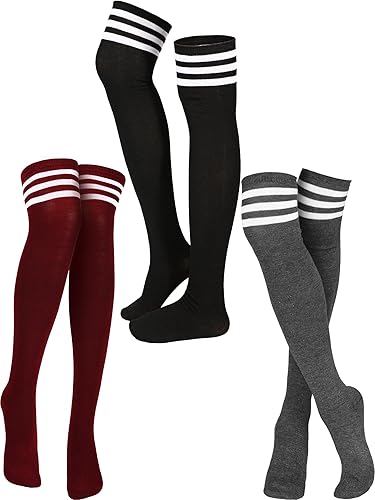 SATINIOR 3 Pairs Knee High Socks Thigh High Socks Triple Stripe over the Knee Socks Long Opaque Thigh Stockings - One Size - Black, Dark Gray, Wine Red