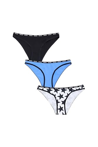 Bonds Women's Underwear Pack, High-cut Icons Bikini Panties for Women, Stretchy Cotton-blend Underwear, 3-pack - Medium - Black/Blue Lucy/Shimmer Stars