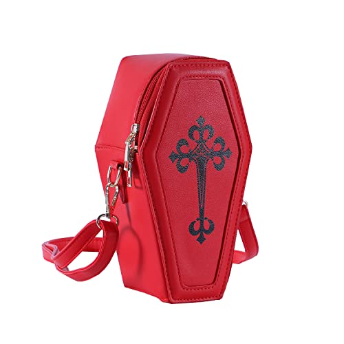 OXYPLAY Gothic PU Leather Bag Women’s Crossbody Coffin Shape Bag Cell Phone Purse Small Shoulder Bag for Halloween Cosplay - Red