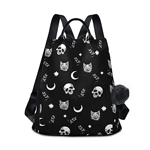 CBBYY Skull Cat Moon Gothic Backpack Purse for Women Nylon Anti-theft Travel Backpack Lightweight Shoulder Bag with Plush Ball Keychain - Skull Cat Moon