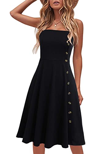 Liyinxi Women's Casual Summer Beach Flattering Flowy A-Line Spaghetti Straps Solid Cotton Button Down Midi Sundress - Large - 8006-black